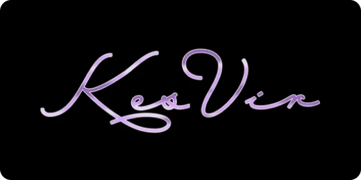 Kes Vir written in curly handwritten font in purple gradient, on a black background.